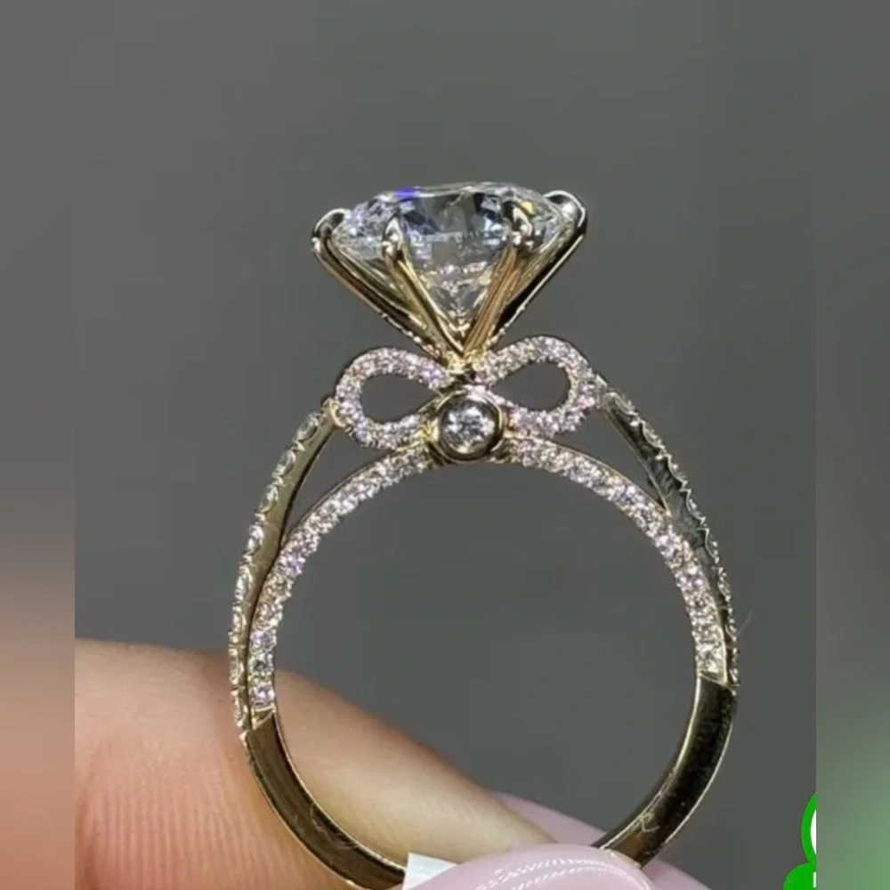 Bowknot Engagement Ring|3ct Round Cut CZ| Pavé Gold Band|Bridal Travel Ring - Picture 4 of 5